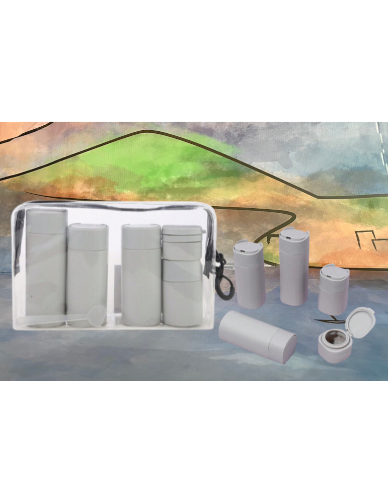 kit contenitori da viaggio in pvc. 5 contenitori, 4 misure diverse in elegante borsa con zip